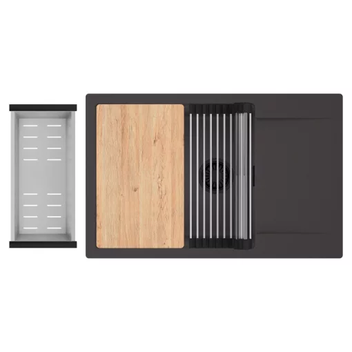 HD Onyx Antracit 78-XL egymedencés gránit mosogatótálca szett, csepegtetőtálcával, vágódeszkával, acél csepegtetőráccsal és kosárral, matt antracit színben, matt fekete leeresztő szifonnal