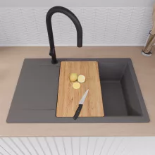 HD Onyx Antracit 78-XL egymedencés gránit mosogatótálca szett, csepegtetőtálcával, vágódeszkával, acél csepegtetőráccsal és kosárral, matt antracit színben, matt fekete leeresztő szifonnal