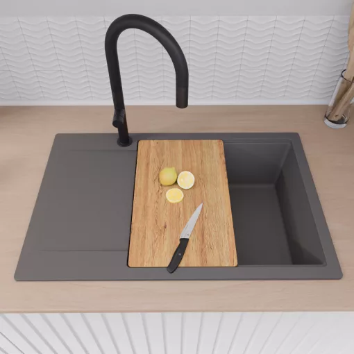 HD Onyx Antracit 78-XL egymedencés gránit mosogatótálca szett, csepegtetőtálcával, vágódeszkával, acél csepegtetőráccsal és kosárral, matt antracit színben, matt fekete leeresztő szifonnal