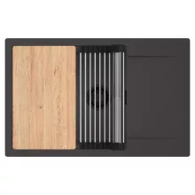 HD Onyx Antracit 78-XL egymedencés gránit mosogatótálca szett, csepegtetőtálcával, vágódeszkával, acél csepegtetőráccsal, matt antracit színben, matt fekete leeresztő szifonnal