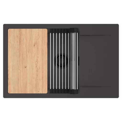 HD Onyx Antracit 78-XL egymedencés gránit mosogatótálca szett, csepegtetőtálcával, vágódeszkával, acél csepegtetőráccsal, matt antracit színben, matt fekete leeresztő szifonnal