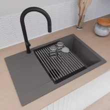 HD Onyx Antracit 78-XL egymedencés gránit mosogatótálca szett, csepegtetőtálcával, vágódeszkával, acél csepegtetőráccsal, matt antracit színben, matt fekete leeresztő szifonnal