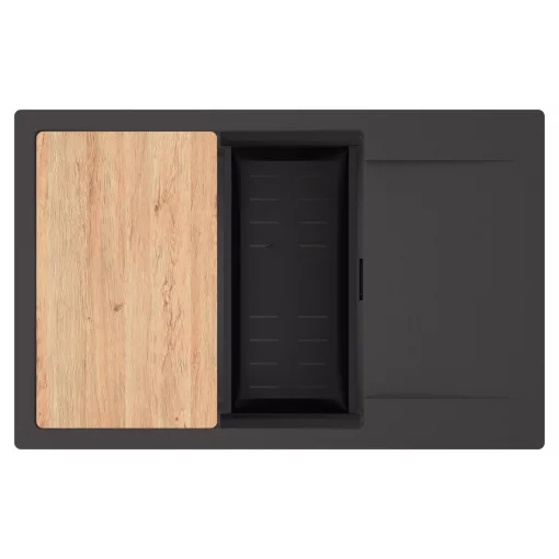 HD Onyx Antracit 78-XL egymedencés gránit mosogatótálca szett, csepegtetőtálcával, vágódeszkával, matt fekete csepegtetőkosárral, matt antracit színben, matt fekete leeresztő szifonnal