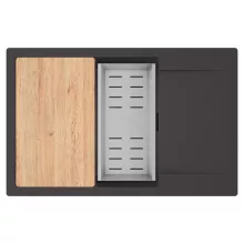 HD Onyx Antracit 78-XL egymedencés gránit mosogatótálca szett, csepegtetőtálcával, vágódeszkával, acél csepegtetőkosárral, matt antracit színben, matt fekete leeresztő szifonnal