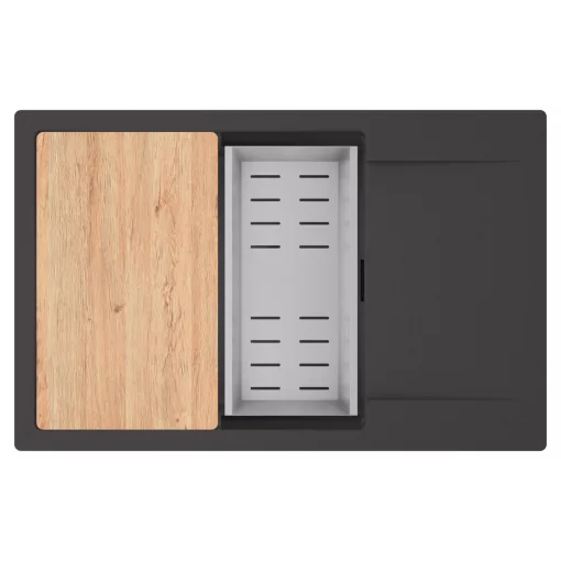 HD Onyx Antracit 78-XL egymedencés gránit mosogatótálca szett, csepegtetőtálcával, vágódeszkával, acél csepegtetőkosárral, matt antracit színben, matt fekete leeresztő szifonnal