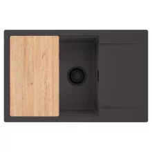 HD Onyx Antracit 78-XL egymedencés gránit mosogatótálca, vágódeszkával, matt antracit színben, matt fekete leeresztő szifonnal