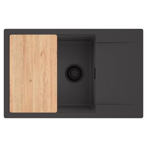 HD Onyx Antracit 78-XL egymedencés gránit mosogatótálca, vágódeszkával, matt antracit színben, matt fekete leeresztő szifonnal