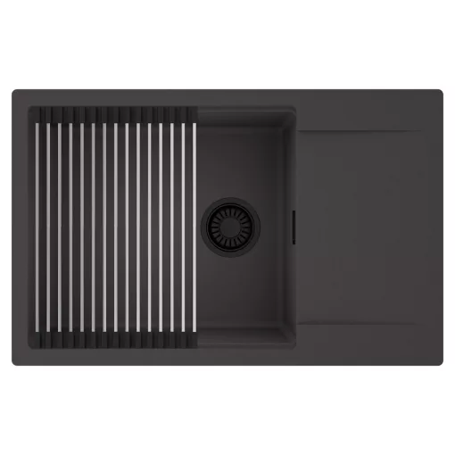 HD Onyx Antracit 78-XL egymedencés mosogatótálca szett, acél csepegtetőráccsal, csepegtetőtálcával, matt antracit színben, matt fekete leeresztő szifonnal