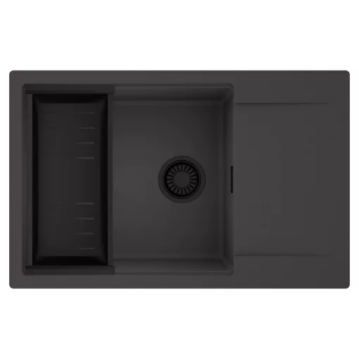 HD Onyx Antracit 78-XL egymedencés mosogatótálca szett, matt fekete csepegtetőkosárral, csepegtetőtálcával, matt antracit színben, matt fekete leeresztő szifonnal