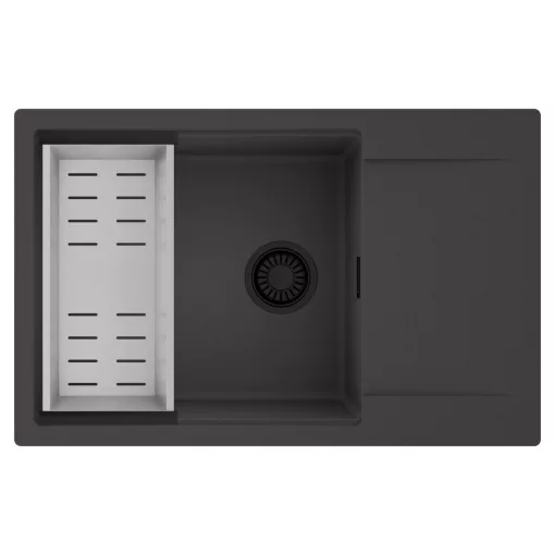 HD Onyx Antracit 78-XL egymedencés mosogatótálca szett, acél csepegtetőkosárral, csepegtetőtálcával, matt antracit színben, matt fekete leeresztő szifonnal