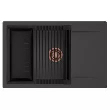 HD Onyx Antracit 78-XL egymedencés mosogatótálca szett, matt fekete csepegtetőráccsal és kosárral, csepegtetőtálcával, matt antracit színben, szálcsiszolt réz leeresztő szifonnal