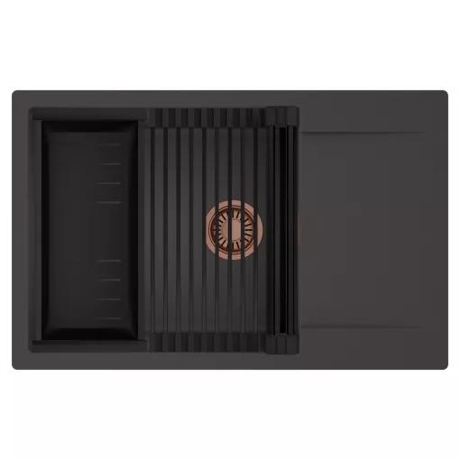 HD Onyx Antracit 78-XL egymedencés mosogatótálca szett, matt fekete csepegtetőráccsal és kosárral, csepegtetőtálcával, matt antracit színben, szálcsiszolt réz leeresztő szifonnal