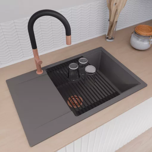 HD Onyx Antracit 78-XL egymedencés mosogatótálca szett, matt fekete csepegtetőráccsal és kosárral, csepegtetőtálcával, matt antracit színben, szálcsiszolt réz leeresztő szifonnal