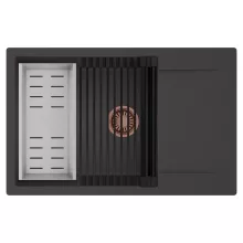 HD Onyx Antracit 78-XL egymedencés mosogatótálca szett, matt fekete csepegtetőráccsal és krómozott kosárral, csepegtetőtálcával, matt antracit színben, szálcsiszolt réz leeresztő szifonnal