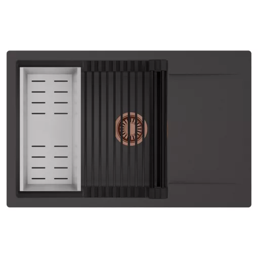 HD Onyx Antracit 78-XL egymedencés mosogatótálca szett, matt fekete csepegtetőráccsal és krómozott kosárral, csepegtetőtálcával, matt antracit színben, szálcsiszolt réz leeresztő szifonnal