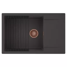 HD Onyx Antracit 78-XL egymedencés mosogatótálca szett, matt fekete csepegtetőráccsal, csepegtetőtálcával, matt antracit színben, szálcsiszolt réz leeresztő szifonnal