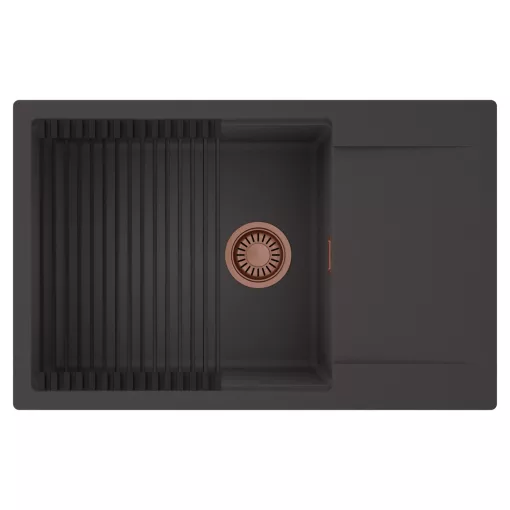 HD Onyx Antracit 78-XL egymedencés mosogatótálca szett, matt fekete csepegtetőráccsal, csepegtetőtálcával, matt antracit színben, szálcsiszolt réz leeresztő szifonnal