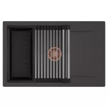 HD Onyx Antracit 78-XL egymedencés mosogatótálca szett, acél csepegtetőráccsal és matt fekete kosárral, csepegtetőtálcával, matt antracit színben, szálcsiszolt réz leeresztő szifonnal