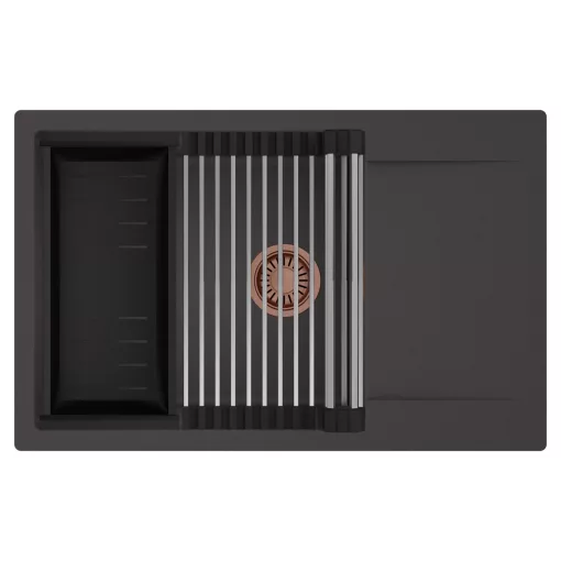 HD Onyx Antracit 78-XL egymedencés mosogatótálca szett, acél csepegtetőráccsal és matt fekete kosárral, csepegtetőtálcával, matt antracit színben, szálcsiszolt réz leeresztő szifonnal