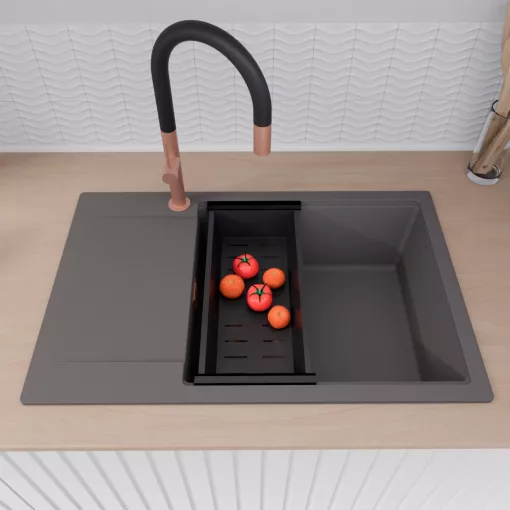 HD Onyx Antracit 78-XL egymedencés mosogatótálca szett, acél csepegtetőráccsal és matt fekete kosárral, csepegtetőtálcával, matt antracit színben, szálcsiszolt réz leeresztő szifonnal