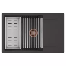 HD Onyx Antracit 78-XL egymedencés mosogatótálca szett, acél csepegtetőráccsal és kosárral, csepegtetőtálcával, matt antracit színben, szálcsiszolt réz leeresztő szifonnal