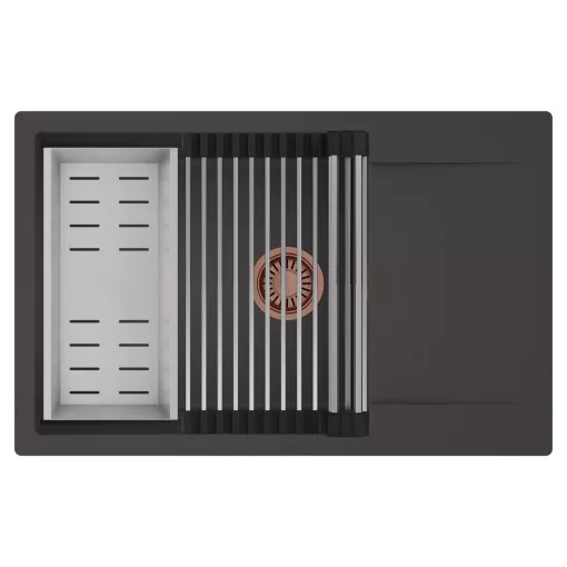 HD Onyx Antracit 78-XL egymedencés mosogatótálca szett, acél csepegtetőráccsal és kosárral, csepegtetőtálcával, matt antracit színben, szálcsiszolt réz leeresztő szifonnal