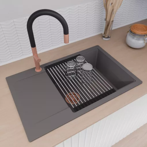 HD Onyx Antracit 78-XL egymedencés mosogatótálca szett, acél csepegtetőráccsal és kosárral, csepegtetőtálcával, matt antracit színben, szálcsiszolt réz leeresztő szifonnal