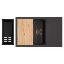 HD Onyx Antracit 78-XL egymedencés gránit mosogatótálca szett, csepegtetőtálcával, vágódeszkával, matt fekete csepegtetőráccsal és kosárral, matt antracit színben, szálcsiszolt réz leeresztő szifonnal