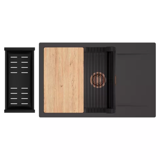 HD Onyx Antracit 78-XL egymedencés gránit mosogatótálca szett, csepegtetőtálcával, vágódeszkával, matt fekete csepegtetőráccsal és kosárral, matt antracit színben, szálcsiszolt réz leeresztő szifonnal