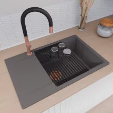 HD Onyx Antracit 78-XL egymedencés gránit mosogatótálca szett, csepegtetőtálcával, vágódeszkával, matt fekete csepegtetőráccsal és kosárral, matt antracit színben, szálcsiszolt réz leeresztő szifonnal