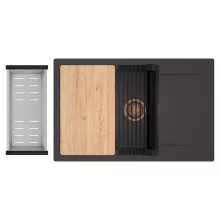 HD Onyx Antracit 78-XL egymedencés gránit mosogatótálca szett, csepegtetőtálcával, vágódeszkával, matt fekete csepegtetőráccsal és krómozott kosárral, matt antracit színben, szálcsiszolt réz leeresztő szifonnal