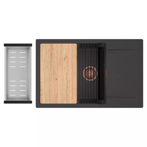 HD Onyx Antracit 78-XL egymedencés gránit mosogatótálca szett, csepegtetőtálcával, vágódeszkával, matt fekete csepegtetőráccsal és krómozott kosárral, matt antracit színben, szálcsiszolt réz leeresztő szifonnal