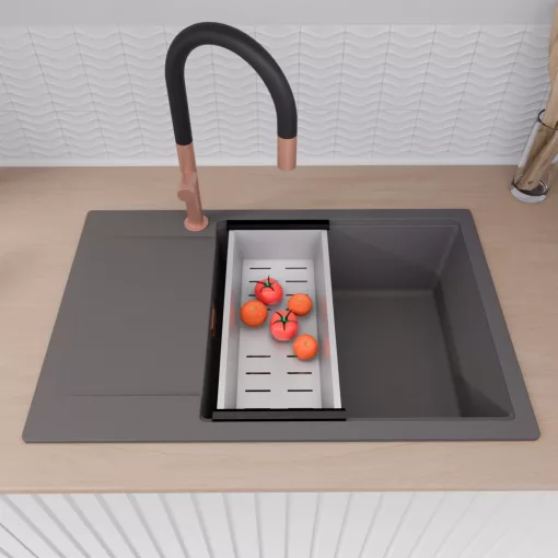 HD Onyx Antracit 78-XL egymedencés gránit mosogatótálca szett, csepegtetőtálcával, vágódeszkával, matt fekete csepegtetőráccsal és krómozott kosárral, matt antracit színben, szálcsiszolt réz leeresztő szifonnal