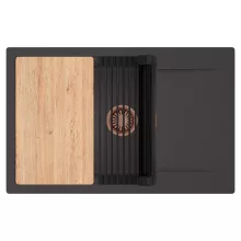 HD Onyx Antracit 78-XL egymedencés gránit mosogatótálca szett, csepegtetőtálcával, vágódeszkával, matt fekete csepegtetőráccsal, matt antracit színben, szálcsiszolt réz leeresztő szifonnal