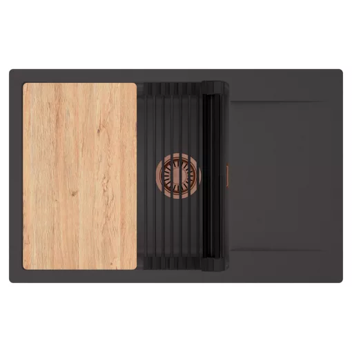 HD Onyx Antracit 78-XL egymedencés gránit mosogatótálca szett, csepegtetőtálcával, vágódeszkával, matt fekete csepegtetőráccsal, matt antracit színben, szálcsiszolt réz leeresztő szifonnal