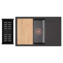 HD Onyx Antracit 78-XL egymedencés gránit mosogatótálca szett, csepegtetőtálcával, vágódeszkával, acél csepegtetőráccsal és matt fekete kosárral, matt antracit színben, szálcsiszolt réz leeresztő szifonnal