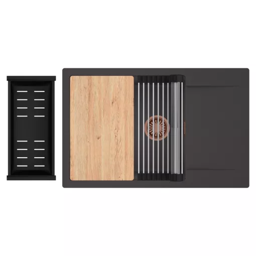 HD Onyx Antracit 78-XL egymedencés gránit mosogatótálca szett, csepegtetőtálcával, vágódeszkával, acél csepegtetőráccsal és matt fekete kosárral, matt antracit színben, szálcsiszolt réz leeresztő szifonnal