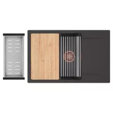 HD Onyx Antracit 78-XL egymedencés gránit mosogatótálca szett, csepegtetőtálcával, vágódeszkával, acél csepegtetőráccsal és kosárral, matt antracit színben, szálcsiszolt réz leeresztő szifonnal