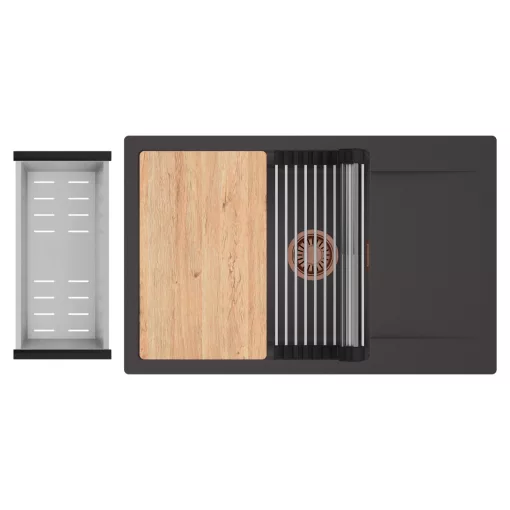 HD Onyx Antracit 78-XL egymedencés gránit mosogatótálca szett, csepegtetőtálcával, vágódeszkával, acél csepegtetőráccsal és kosárral, matt antracit színben, szálcsiszolt réz leeresztő szifonnal