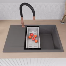 HD Onyx Antracit 78-XL egymedencés gránit mosogatótálca szett, csepegtetőtálcával, vágódeszkával, acél csepegtetőráccsal és kosárral, matt antracit színben, szálcsiszolt réz leeresztő szifonnal