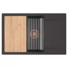 HD Onyx Antracit 78-XL egymedencés gránit mosogatótálca szett, csepegtetőtálcával, vágódeszkával, acél csepegtetőráccsal, matt antracit színben, szálcsiszolt réz leeresztő szifonnal