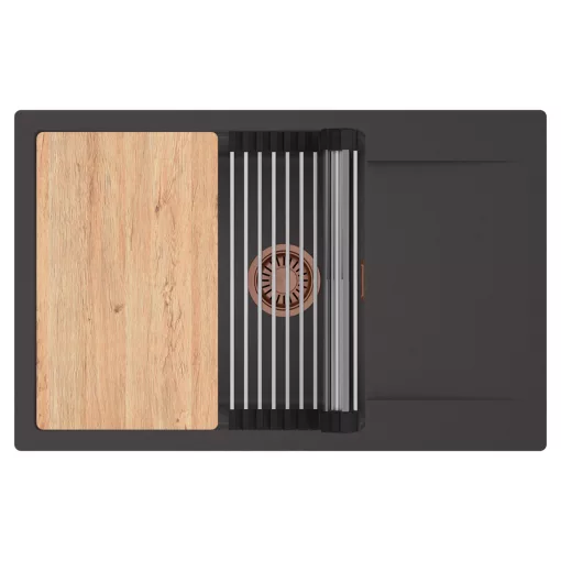 HD Onyx Antracit 78-XL egymedencés gránit mosogatótálca szett, csepegtetőtálcával, vágódeszkával, acél csepegtetőráccsal, matt antracit színben, szálcsiszolt réz leeresztő szifonnal