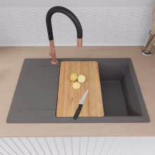 HD Onyx Antracit 78-XL egymedencés gránit mosogatótálca szett, csepegtetőtálcával, vágódeszkával, acél csepegtetőráccsal, matt antracit színben, szálcsiszolt réz leeresztő szifonnal