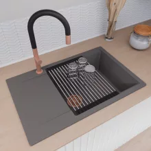 HD Onyx Antracit 78-XL egymedencés gránit mosogatótálca szett, csepegtetőtálcával, vágódeszkával, acél csepegtetőráccsal, matt antracit színben, szálcsiszolt réz leeresztő szifonnal