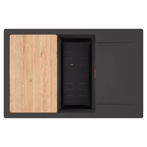 HD Onyx Antracit 78-XL egymedencés gránit mosogatótálca szett, csepegtetőtálcával, vágódeszkával, matt fekete csepegtetőkosárral, matt antracit színben, szálcsiszolt réz leeresztő szifonnal