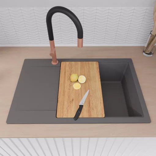 HD Onyx Antracit 78-XL egymedencés gránit mosogatótálca szett, csepegtetőtálcával, vágódeszkával, matt fekete csepegtetőkosárral, matt antracit színben, szálcsiszolt réz leeresztő szifonnal