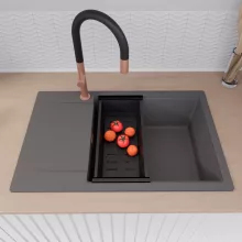 HD Onyx Antracit 78-XL egymedencés gránit mosogatótálca szett, csepegtetőtálcával, vágódeszkával, matt fekete csepegtetőkosárral, matt antracit színben, szálcsiszolt réz leeresztő szifonnal