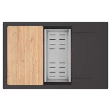 HD Onyx Antracit 78-XL egymedencés gránit mosogatótálca szett, csepegtetőtálcával, vágódeszkával, acél csepegtetőkosárral, matt antracit színben, szálcsiszolt réz leeresztő szifonnal