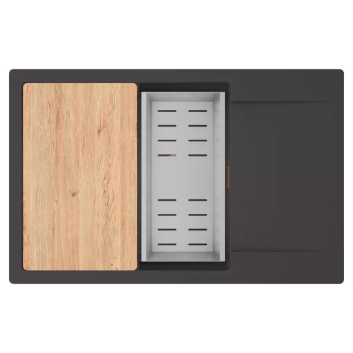 HD Onyx Antracit 78-XL egymedencés gránit mosogatótálca szett, csepegtetőtálcával, vágódeszkával, acél csepegtetőkosárral, matt antracit színben, szálcsiszolt réz leeresztő szifonnal