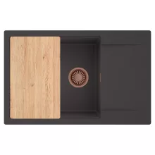 HD Onyx Antracit 78-XL egymedencés gránit mosogatótálca, vágódeszkával, matt antracit színben, szálcsiszolt réz leeresztő szifonnal